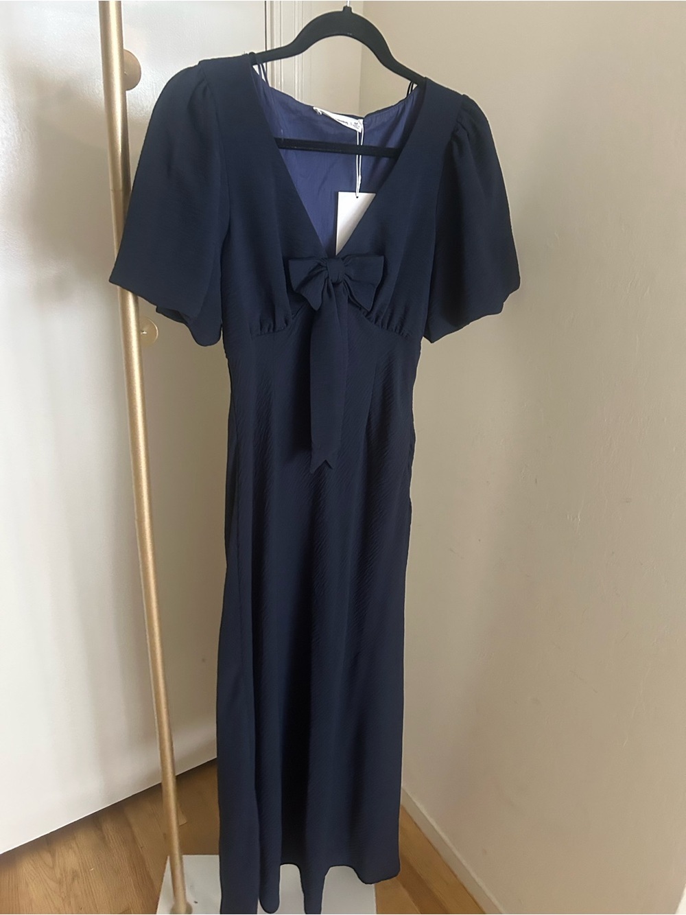 NWT In The Beginning Navy Bow Midi Dress Puff Sleeve Cottagecore Medium
